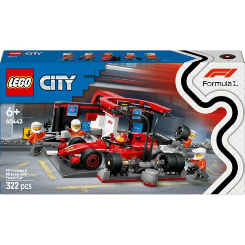 LEGO 60443 - City F1 Pit Stop & Pit Crew with Ferrari Car Toy - Formula 1 Set incl. a Driver Minifigure, 4 Mechanics, Spare Tyres & Wheel Guns