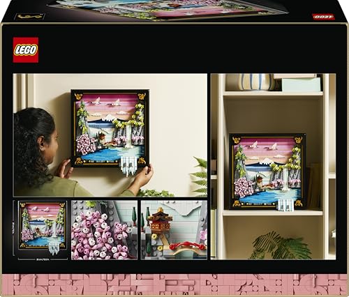 LEGO Art Japanese Cherry Blossom Landscape - DIY Miniature Model Kit for Adults - 3D Wall Art in Shadow Box Frame with Mount Fuji, Sakura & Textured Waterfall