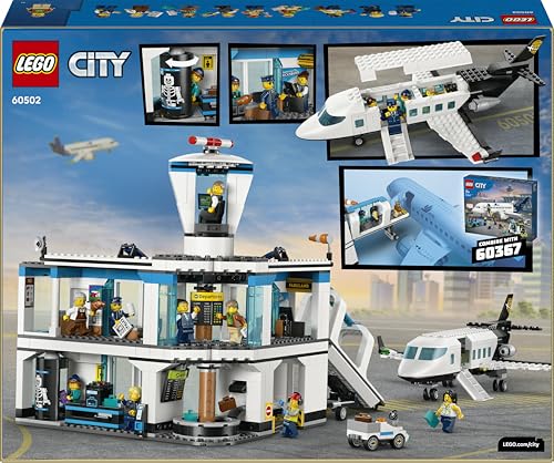 LEGO 60502 City Airport with Airplane Toy - Miniature Model Kit with Terminal, Plane, Tug Car, Bridge, 9 Minifigures & Accessories