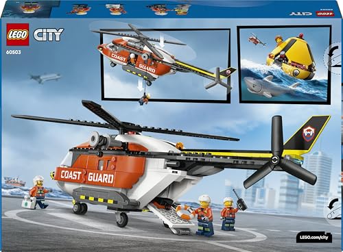 LEGO 60503 City Coast Guard Helicopter Toy - Emergency Vehicle Model Kit with Sliding Doors, Winch, 4 Minifigures & Shark Figure