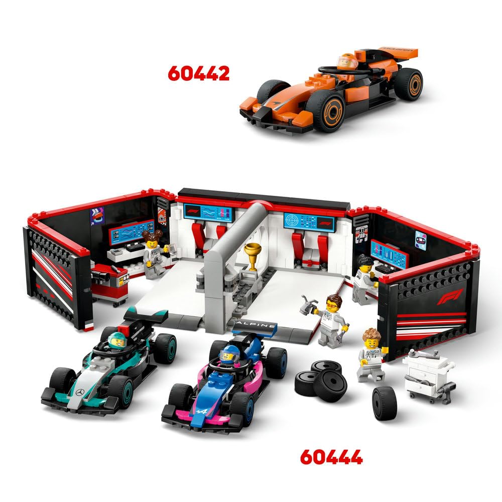 LEGO 60443 - City F1 Pit Stop & Pit Crew with Ferrari Car Toy - Formula 1 Set incl. a Driver Minifigure, 4 Mechanics, Spare Tyres & Wheel Guns