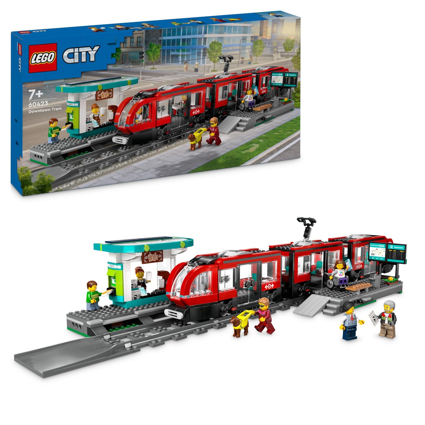 LEGO 60423 City Downtown Tram and Station Vehicle Building Toy Set for 7 Plus Year Old Kids, Boys & Girls, with 6 Minifigures and a Guide Dog Figure