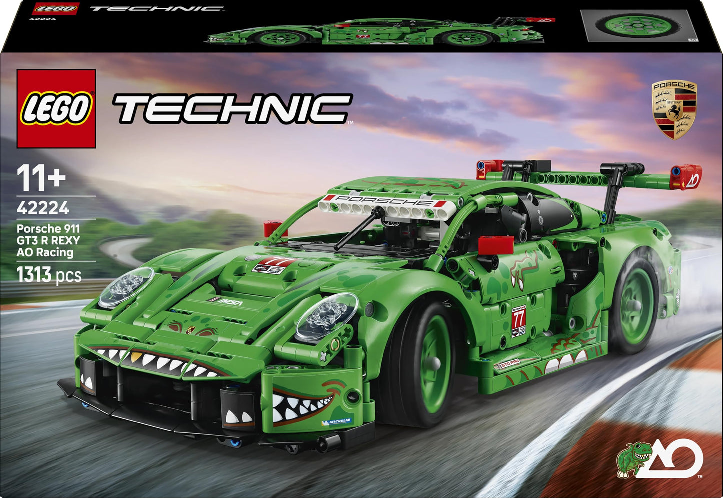 LEGO 42224 Technic Porsche 911 GT3 R REXY AO Racing Car Toy - Model Kit with 6-Cylinder Engine, Rear-Wheel Drive and Dinosaur Design