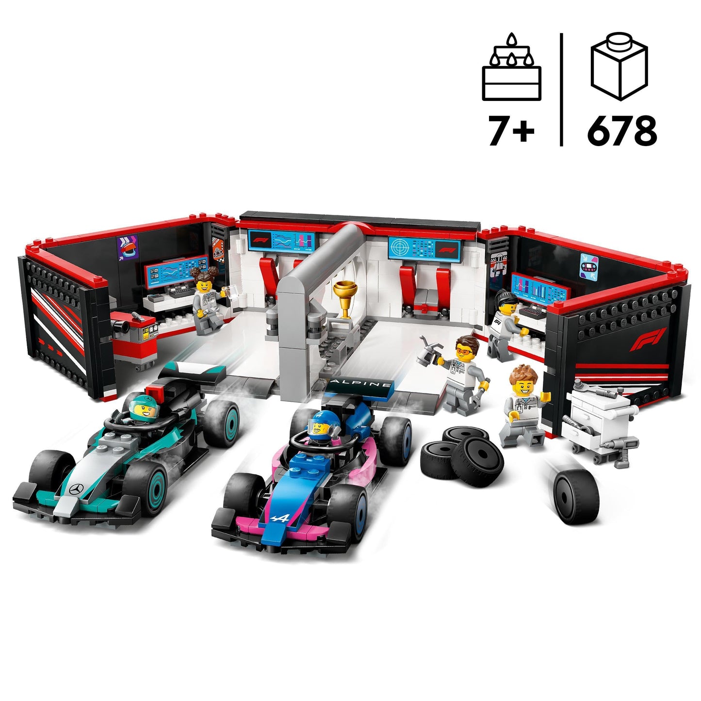 LEGO 60444 City F1 Garage & Mercedes - AMG & Alpine Cars - Toy Formula 1 Racing Vehicles Set with 2 Drivers & 4 Mechanic Minifigures