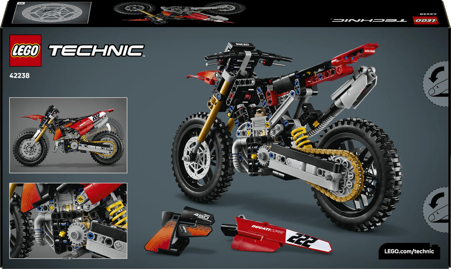 LEGO 42238 Technic Ducati Desmo450 MX Factory Motorcycle Model Kit - incl. Motorbike with cylinder engine & Suspension