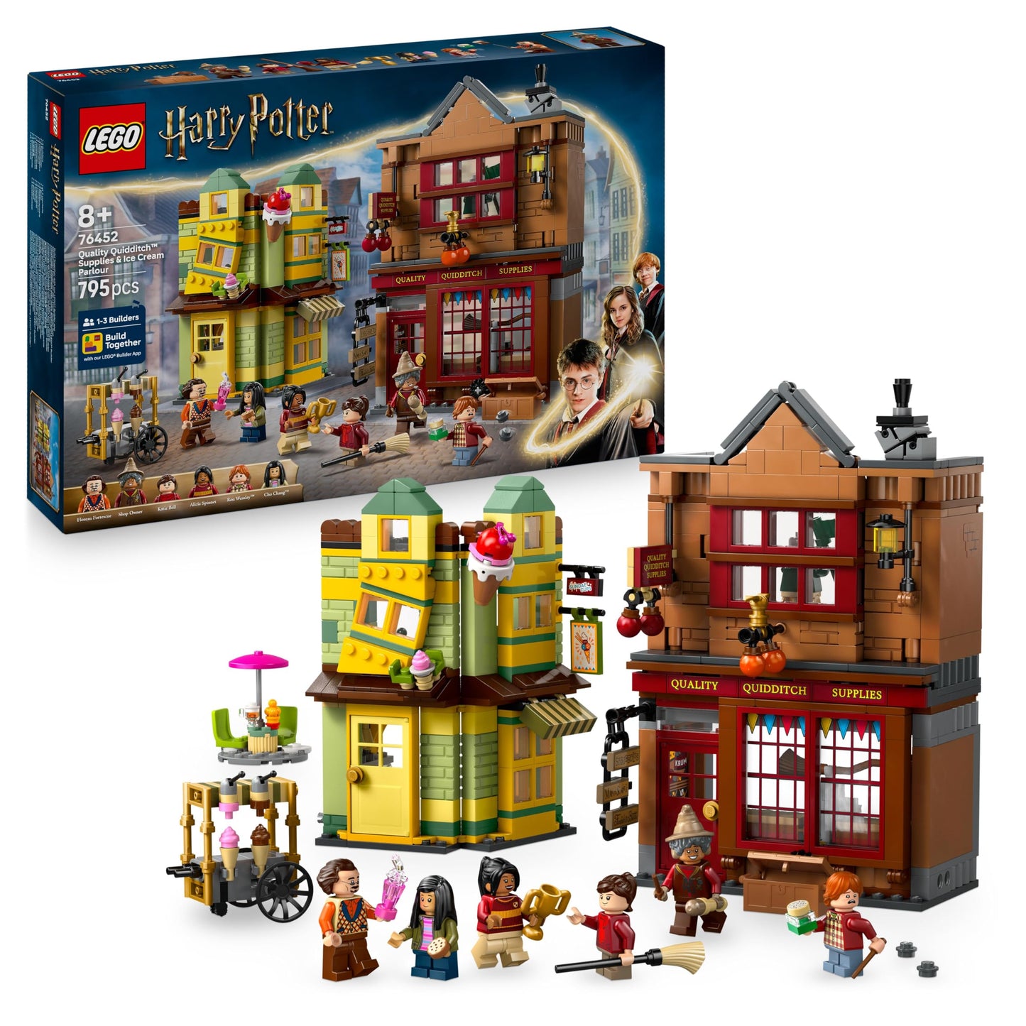LEGO 76452 Harry Potter Quality Quidditch Supplies & Ice Cream Parlour Set with 2 Diagon Aley Shop Toys, 6 Minifigures & Accessories incl. a Nimbus 2000 Broom