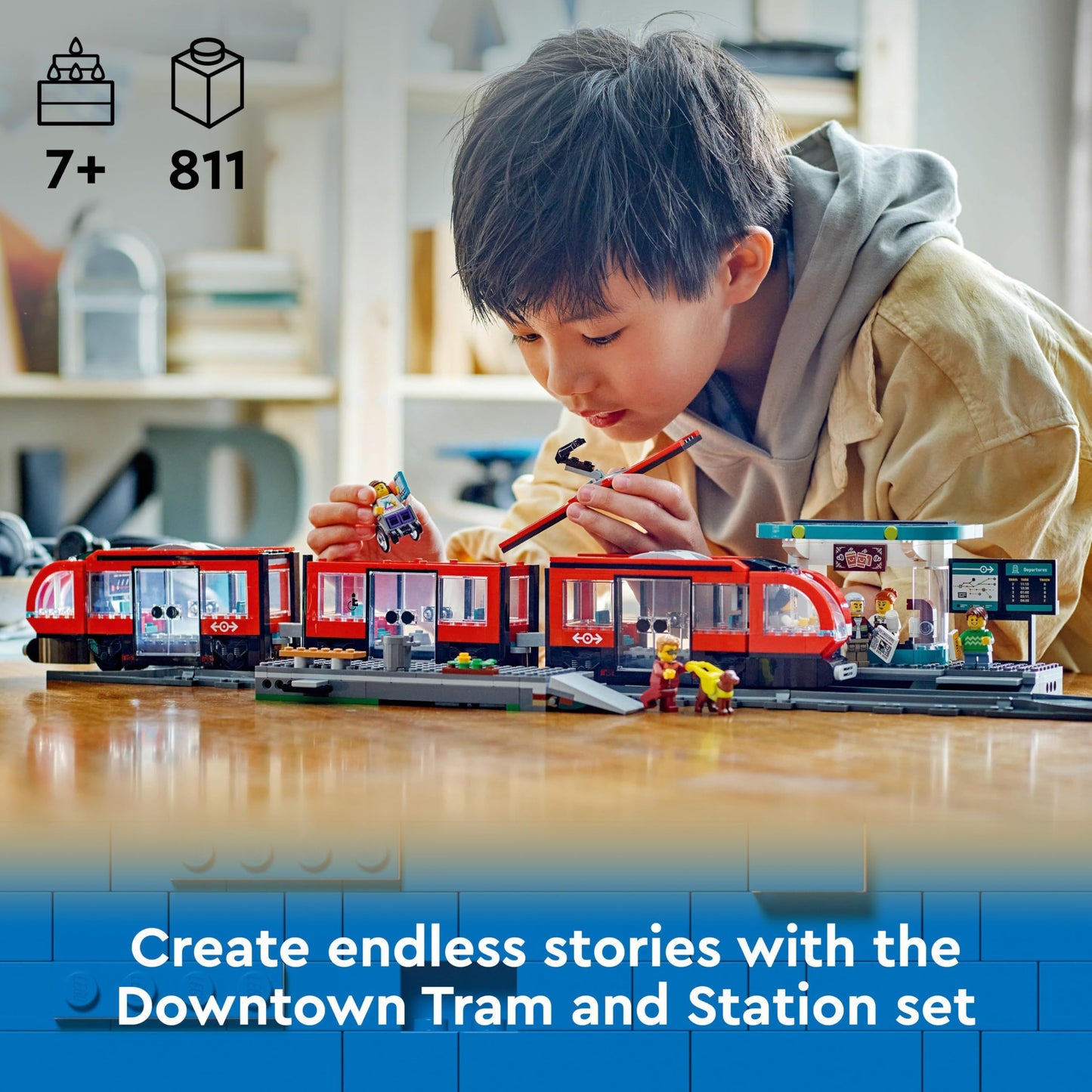 LEGO 60423 City Downtown Tram and Station Vehicle Building Toy Set for 7 Plus Year Old Kids, Boys & Girls, with 6 Minifigures and a Guide Dog Figure
