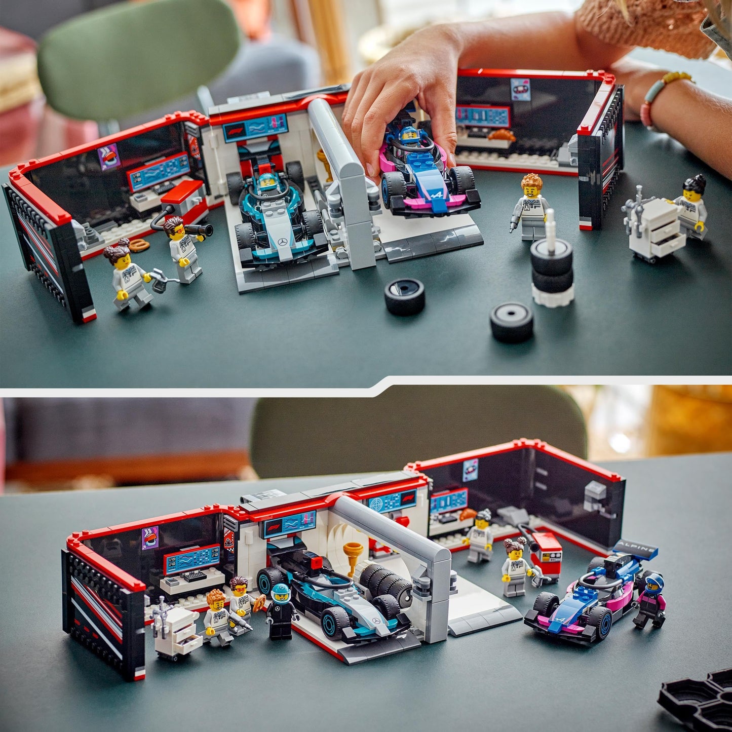 LEGO 60444 City F1 Garage & Mercedes - AMG & Alpine Cars - Toy Formula 1 Racing Vehicles Set with 2 Drivers & 4 Mechanic Minifigures