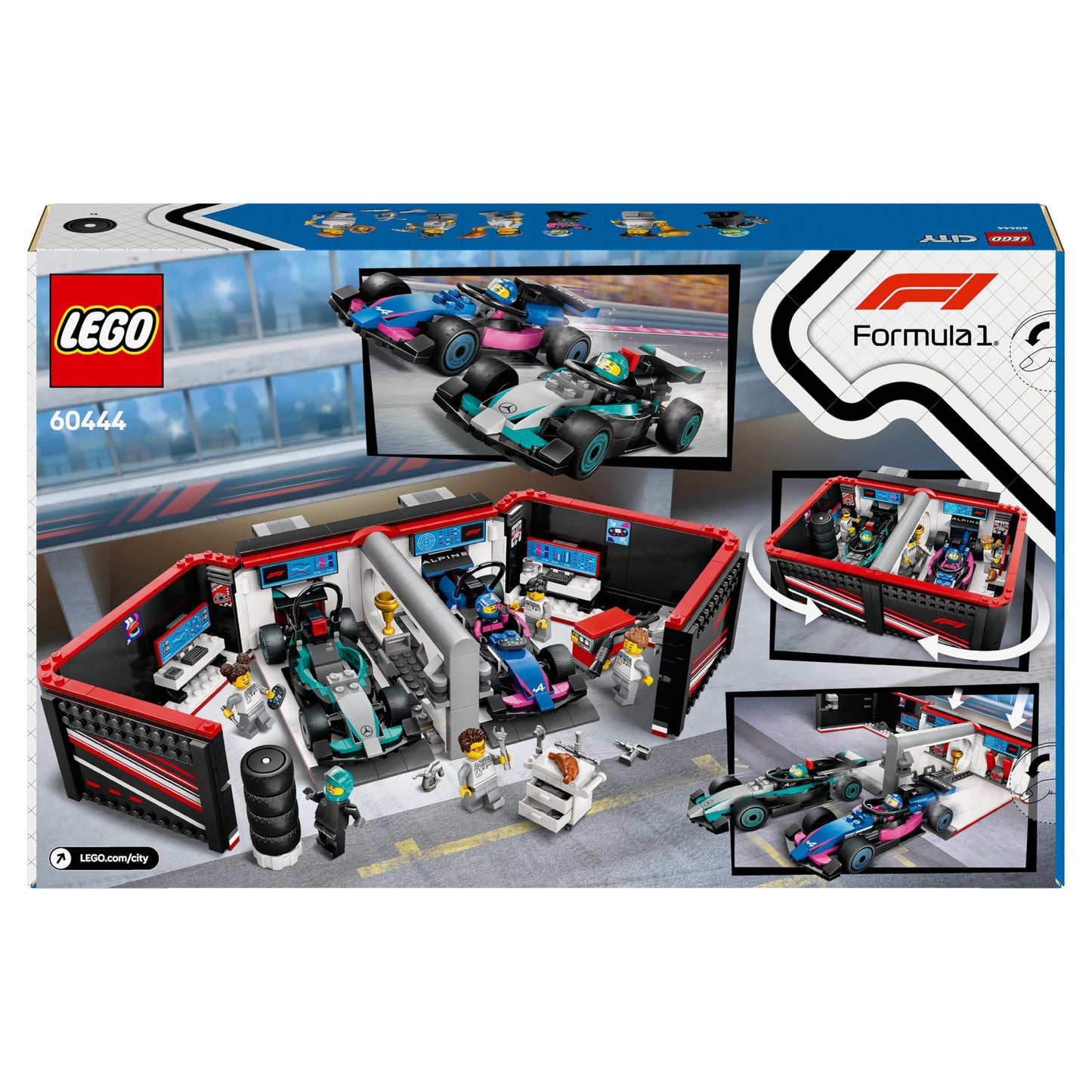 LEGO 60444 City F1 Garage & Mercedes - AMG & Alpine Cars - Toy Formula 1 Racing Vehicles Set with 2 Drivers & 4 Mechanic Minifigures