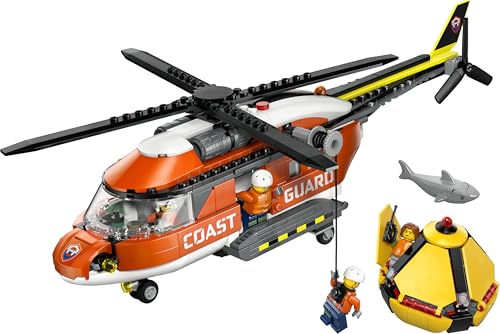 LEGO 60503 City Coast Guard Helicopter Toy - Emergency Vehicle Model Kit with Sliding Doors, Winch, 4 Minifigures & Shark Figure