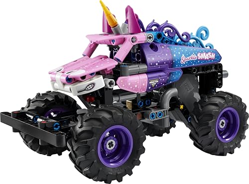 LEGO 42220 Technic Monster Jam Sparkle Smash Pull-Back Truck Toy - Pink Unicorn Themed Race Car