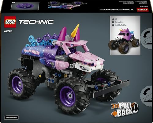 LEGO 42220 Technic Monster Jam Sparkle Smash Pull-Back Truck Toy - Pink Unicorn Themed Race Car