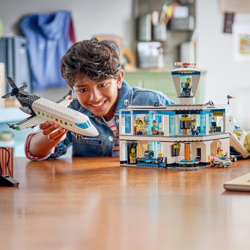 LEGO 60502 City Airport with Airplane Toy - Miniature Model Kit with Terminal, Plane, Tug Car, Bridge, 9 Minifigures & Accessories