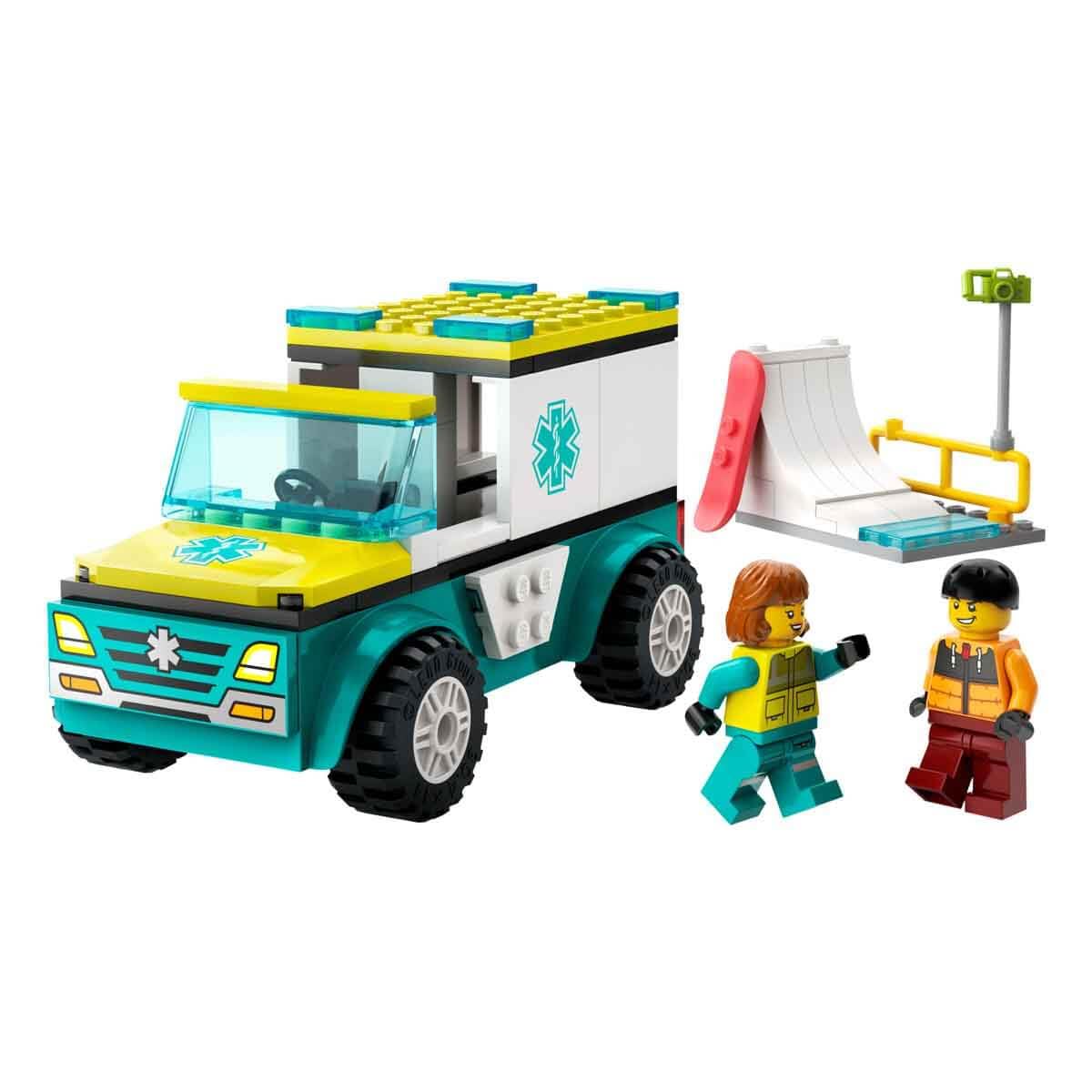 LEGO 60403 City Emergency Ambulance and Snowboarder with Boarder and Paramedic Minifigures,