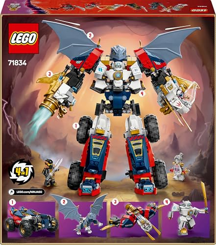 LEGO 71834 NINJAGO 4in1 Zane’s Ultra Combiner Mech Toy - Rebuilds into a Jet, Car Model, Dragon & Ninja Figure - Incl. 6 Minifigures