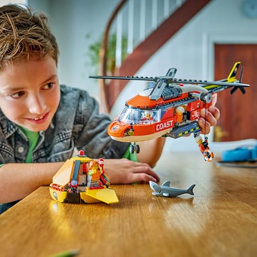 LEGO 60503 City Coast Guard Helicopter Toy - Emergency Vehicle Model Kit with Sliding Doors, Winch, 4 Minifigures & Shark Figure