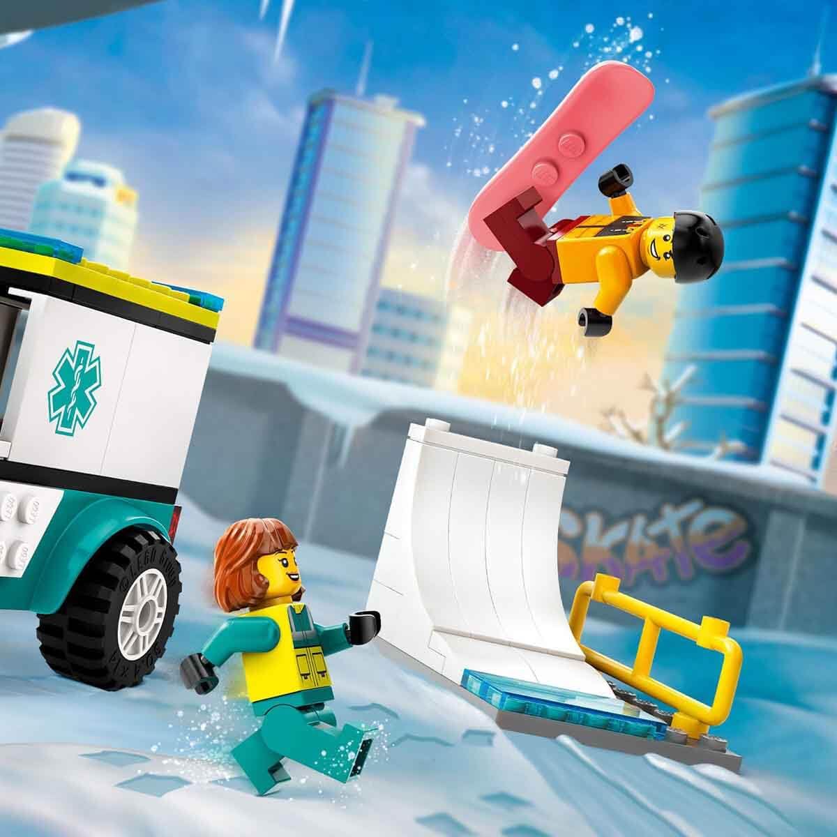 LEGO 60403 City Emergency Ambulance and Snowboarder with Boarder and Paramedic Minifigures,