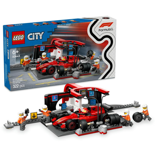 LEGO 60443 - City F1 Pit Stop & Pit Crew with Ferrari Car Toy - Formula 1 Set incl. a Driver Minifigure, 4 Mechanics, Spare Tyres & Wheel Guns