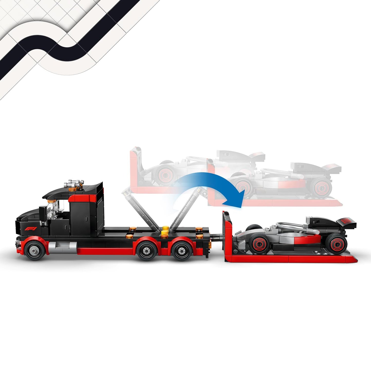 LEGO 60493 City F1 Display Truck with Audi F1 Race Car Toy - Model Kit with 3 Minifigures & Vehicle Lifting Function