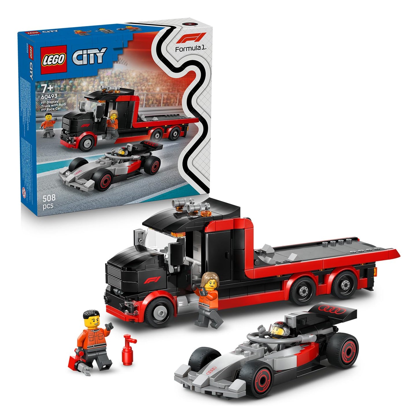 LEGO 60493 City F1 Display Truck with Audi F1 Race Car Toy - Model Kit with 3 Minifigures & Vehicle Lifting Function