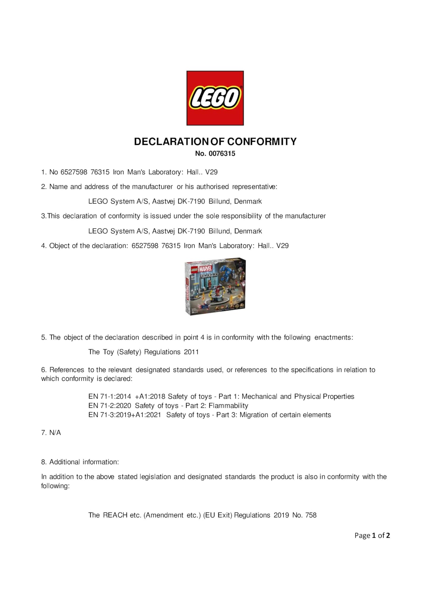 LEGO 76315 Marvel Iron Man's Laboratory : Hall of Armour - 5 Minifigures incl...