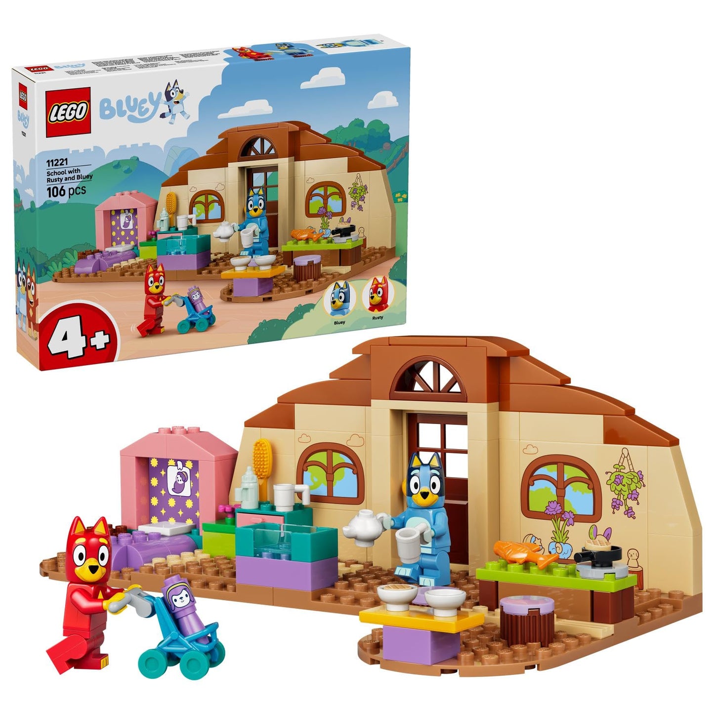 LEGO 11221 Bluey School with Rusty and Bluey with Kitchen, Cafe, 2 Minifigures & Play Food Accessories