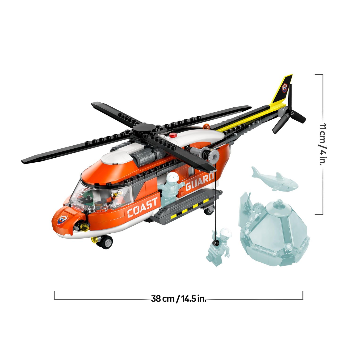 LEGO 60503 City Coast Guard Helicopter Toy - Emergency Vehicle Model Kit with Sliding Doors, Winch, 4 Minifigures & Shark Figure