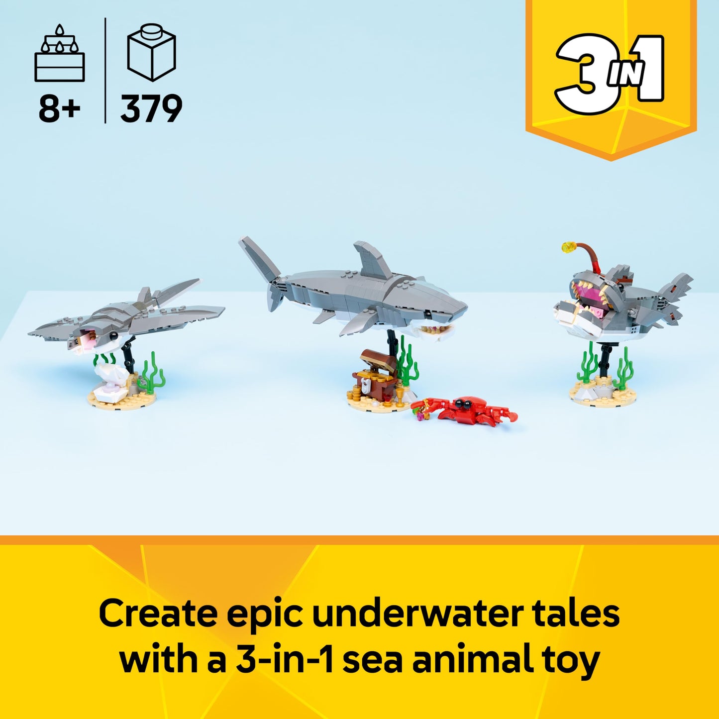 LEGO 31381 Creator 3in1 Fierce Shark with a Treasure Chest - Sea Animal Figure Transforms into an Anglerfish or Manta Ray