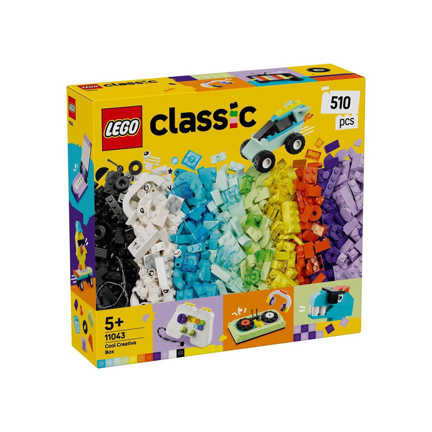 LEGO 11043 Classic Cool Creative Box - Colourful Bricks Set - Build a Monster Truck Toy, Skateboard, Dinosaur, Mobile Phone & More