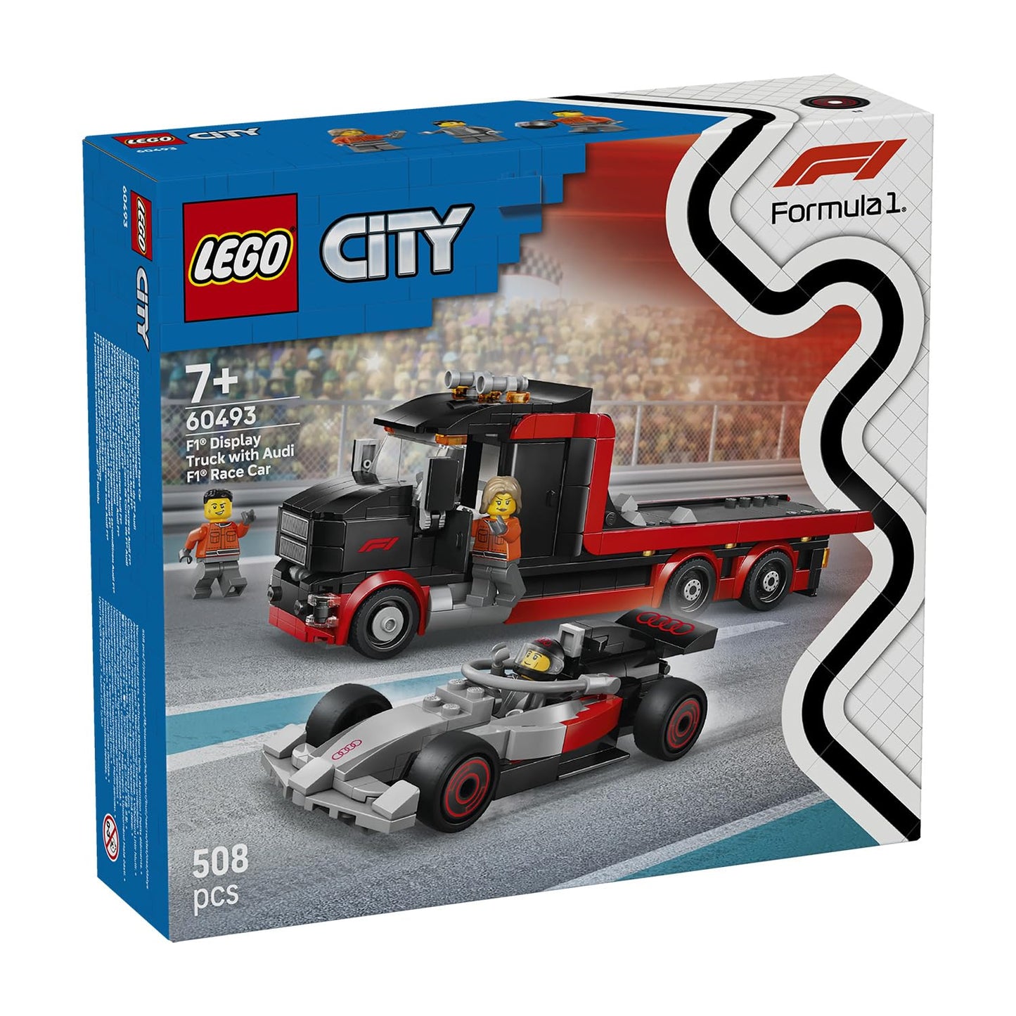 LEGO 60493 City F1 Display Truck with Audi F1 Race Car Toy - Model Kit with 3 Minifigures & Vehicle Lifting Function