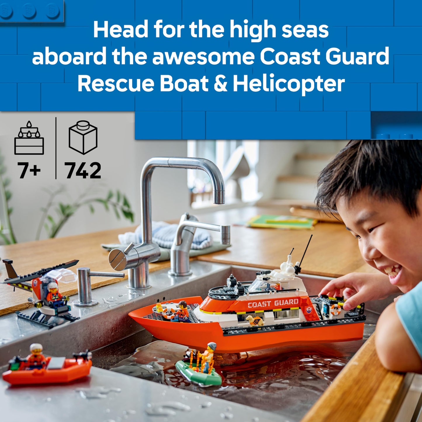 LEGO 60504 City Coast Guard Rescue Boat & Helicopter Toy - Emergency Vehicles Playset with Model Floating Ship, 5 Minifigures & a Dog Figure