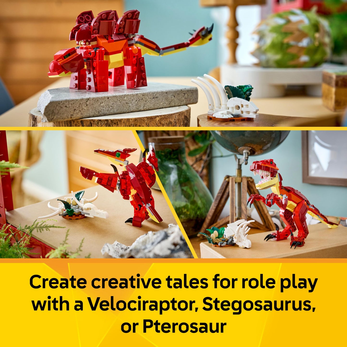 LEGO 31379 Creator 3in1 Fierce Dinosaur Toy - Build Velociraptor, Stegosaurus or Pterosaur Dino Figures w/Skeleton & Sharp Teeth Elements