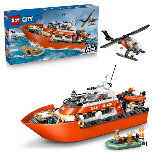 LEGO 60504 City Coast Guard Rescue Boat & Helicopter Toy - Emergency Vehicles Playset with Model Floating Ship, 5 Minifigures & a Dog Figure