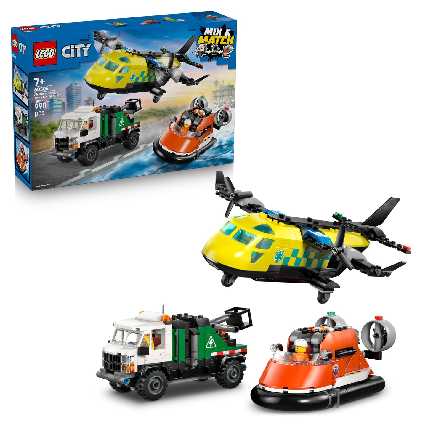 LEGO 60505 City 3in1 Airplane, Service Truck & Hovercraft Remix Toy - Mix & Match Model Vehicles Kit with 3 Minifigures