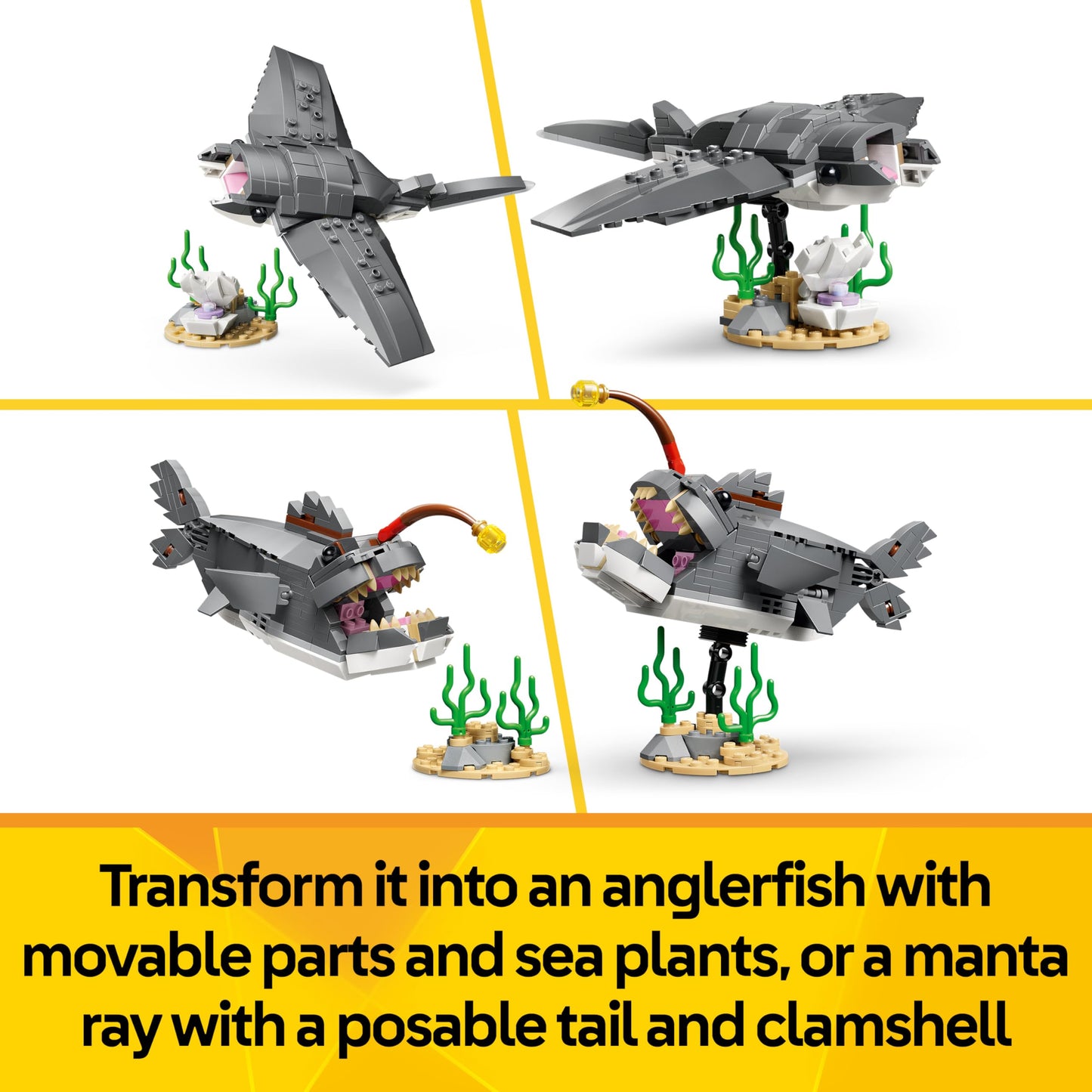 LEGO 31381 Creator 3in1 Fierce Shark with a Treasure Chest - Sea Animal Figure Transforms into an Anglerfish or Manta Ray