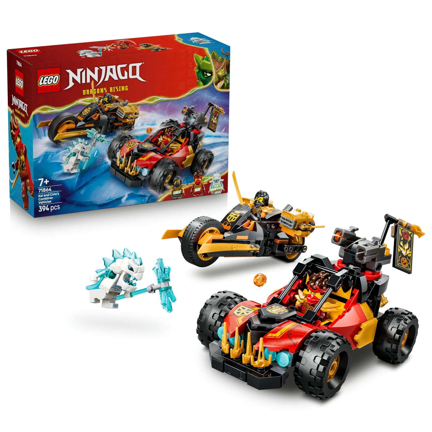 LEGO 71864 Ninjago Kai and Cole's Combiner Vehicles - Ninja Toy Car, Motorbike, 3 Minifigures incl. Kai & Cole w/Katanas