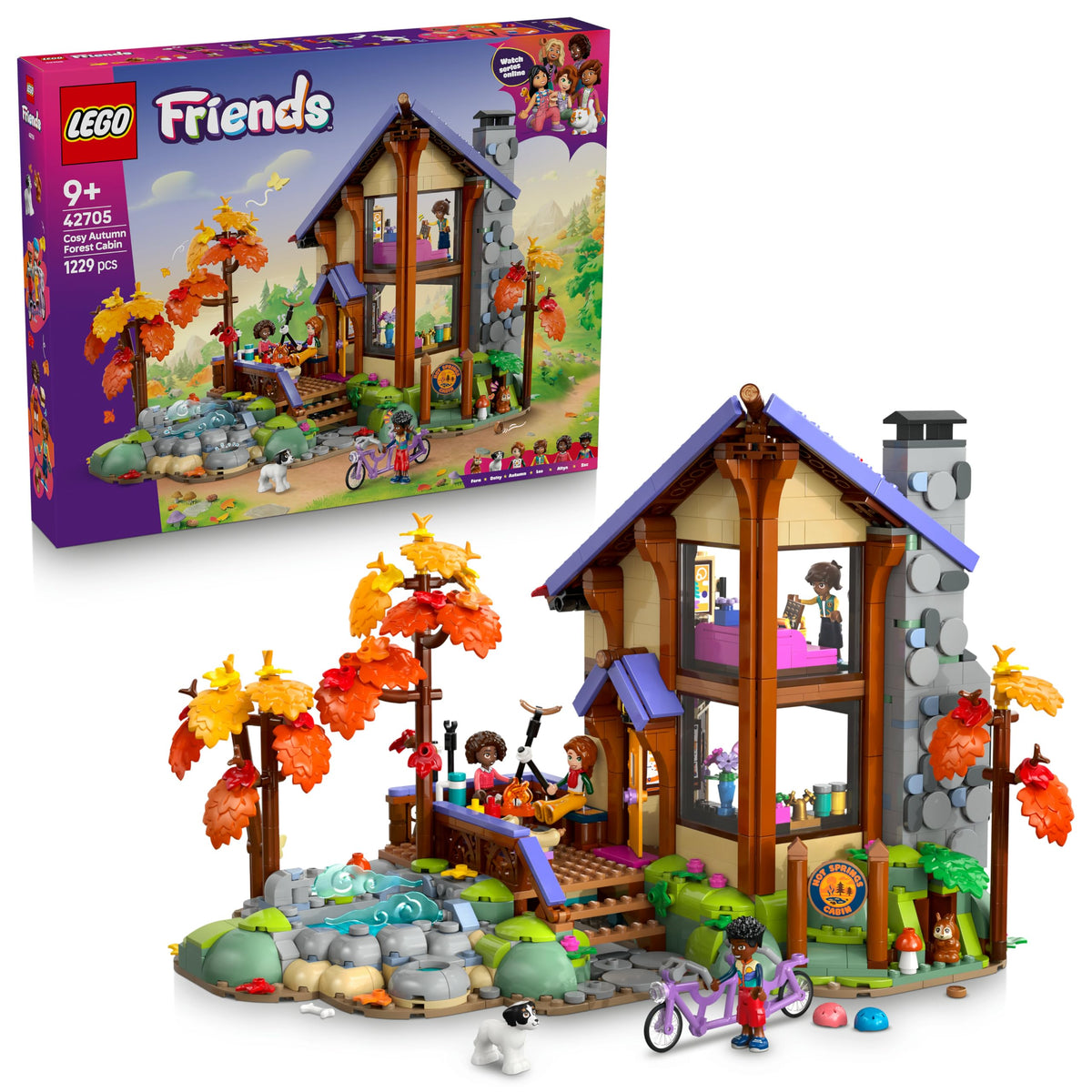 LEGO 42705 Friends Cosy Autumn Forest Cabin with 4 Mini Dolls, 2 Pet Animal Figures & Accessories