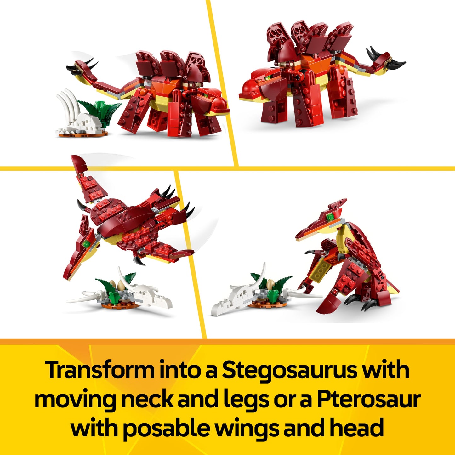 LEGO 31379 Creator 3in1 Fierce Dinosaur Toy - Build Velociraptor, Stegosaurus or Pterosaur Dino Figures w/Skeleton & Sharp Teeth Elements