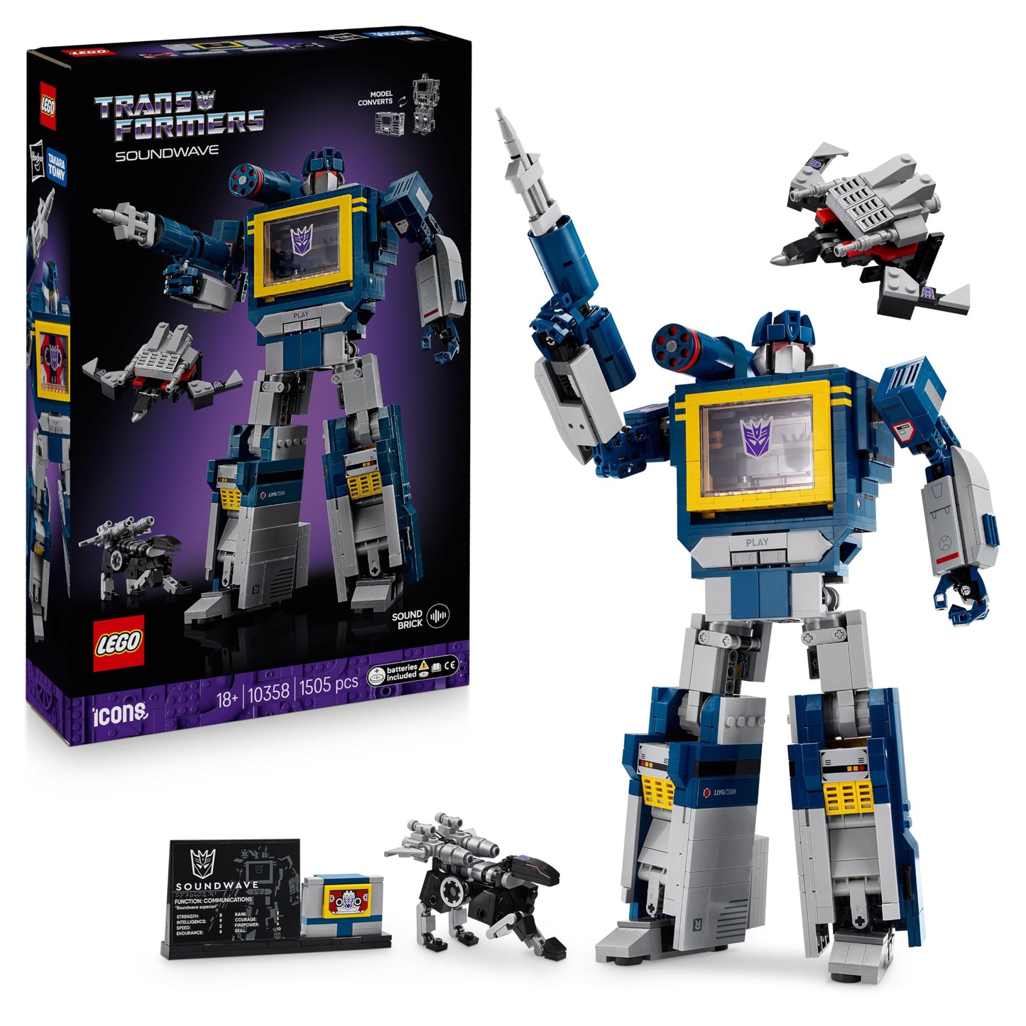 LEGO 10358 Icons Transformers : Soundwave - Display Model Kit with Convertible Figures incl. Laserbeak & Ravage, plus a Sound Brick