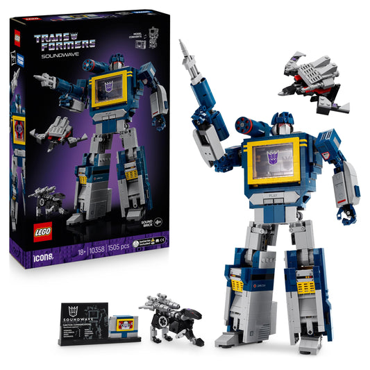 LEGO 10358 Icons Transformers : Soundwave - Display Model Kit with Convertible Figures incl. Laserbeak & Ravage, plus a Sound Brick