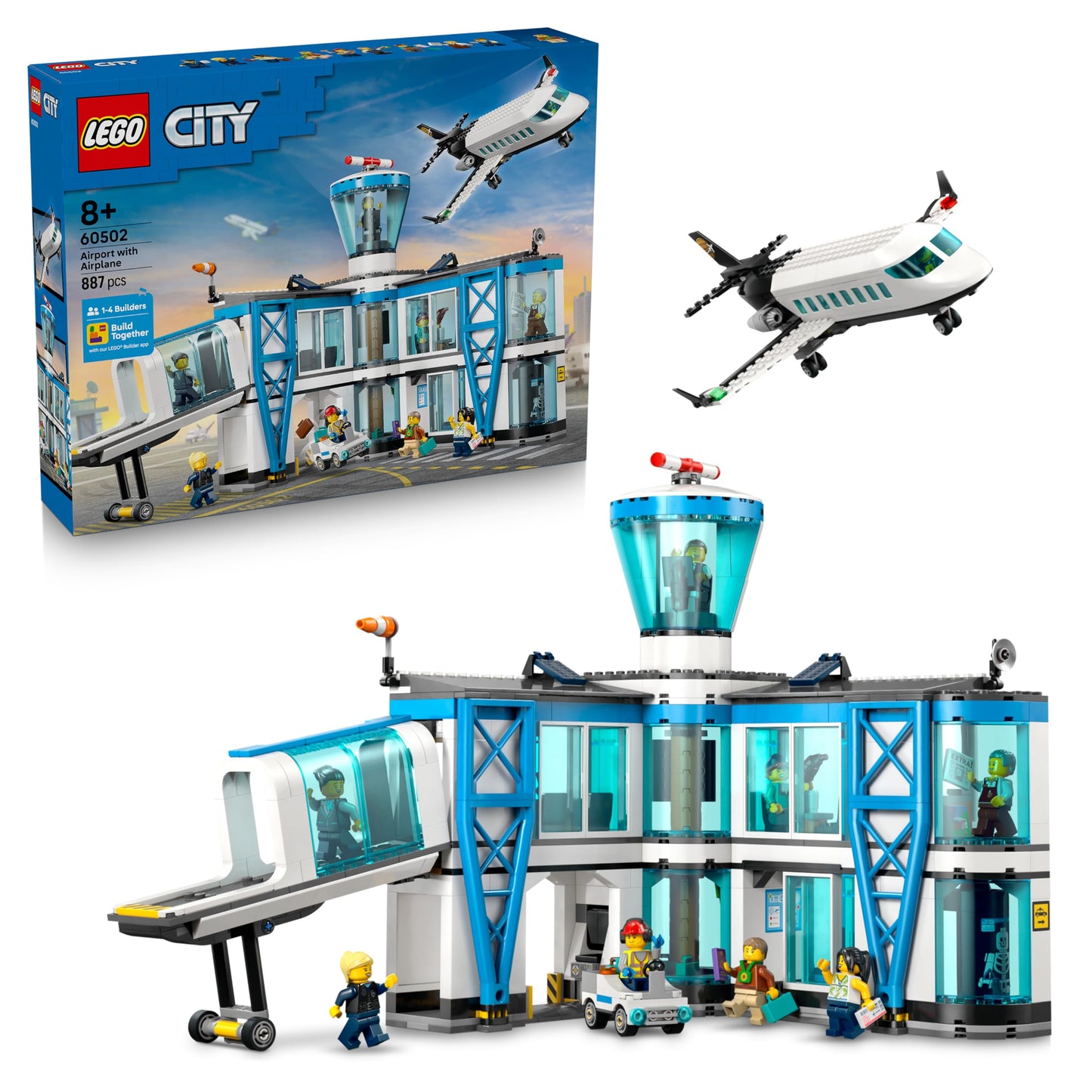 LEGO 60502 City Airport with Airplane Toy - Miniature Model Kit with Terminal, Plane, Tug Car, Bridge, 9 Minifigures & Accessories