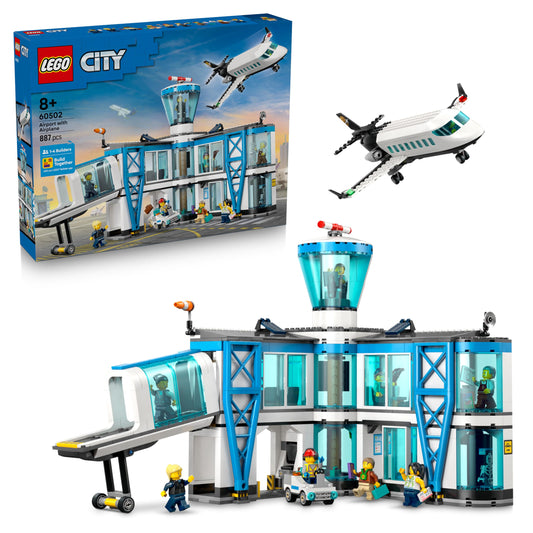 LEGO 60502 City Airport with Airplane Toy - Miniature Model Kit with Terminal, Plane, Tug Car, Bridge, 9 Minifigures & Accessories