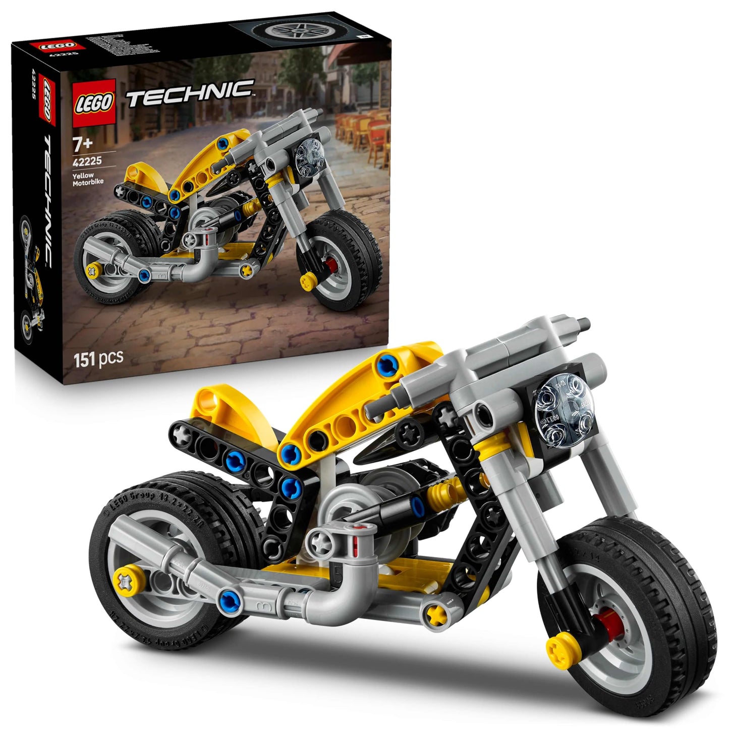 LEGO 42225 Technic Yellow Motorbike Toy - Vehicle Model Building Kit with 3-Piston Engine