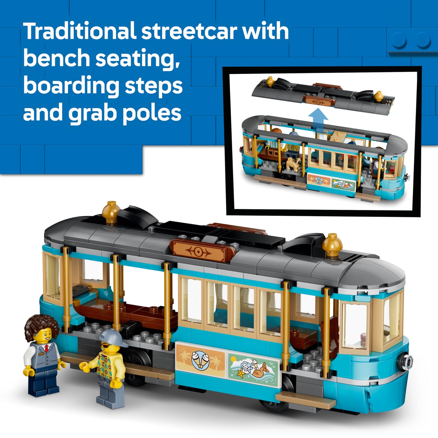 LEGO 60506 City Classic Beach Tram Toy - Model Kit w/Train Track, Street Scene, 5 Minifigures & 5 Animal Figures
