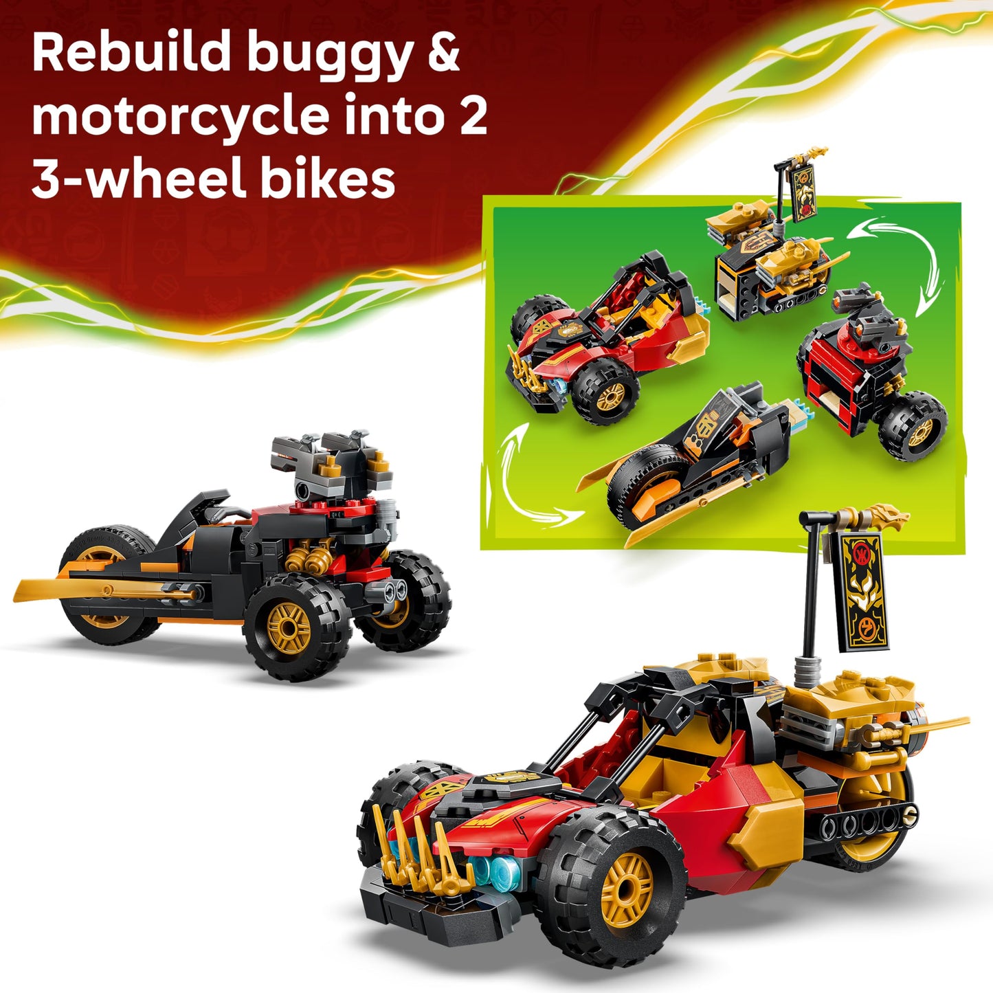 LEGO 71864 Ninjago Kai and Cole's Combiner Vehicles - Ninja Toy Car, Motorbike, 3 Minifigures incl. Kai & Cole w/Katanas