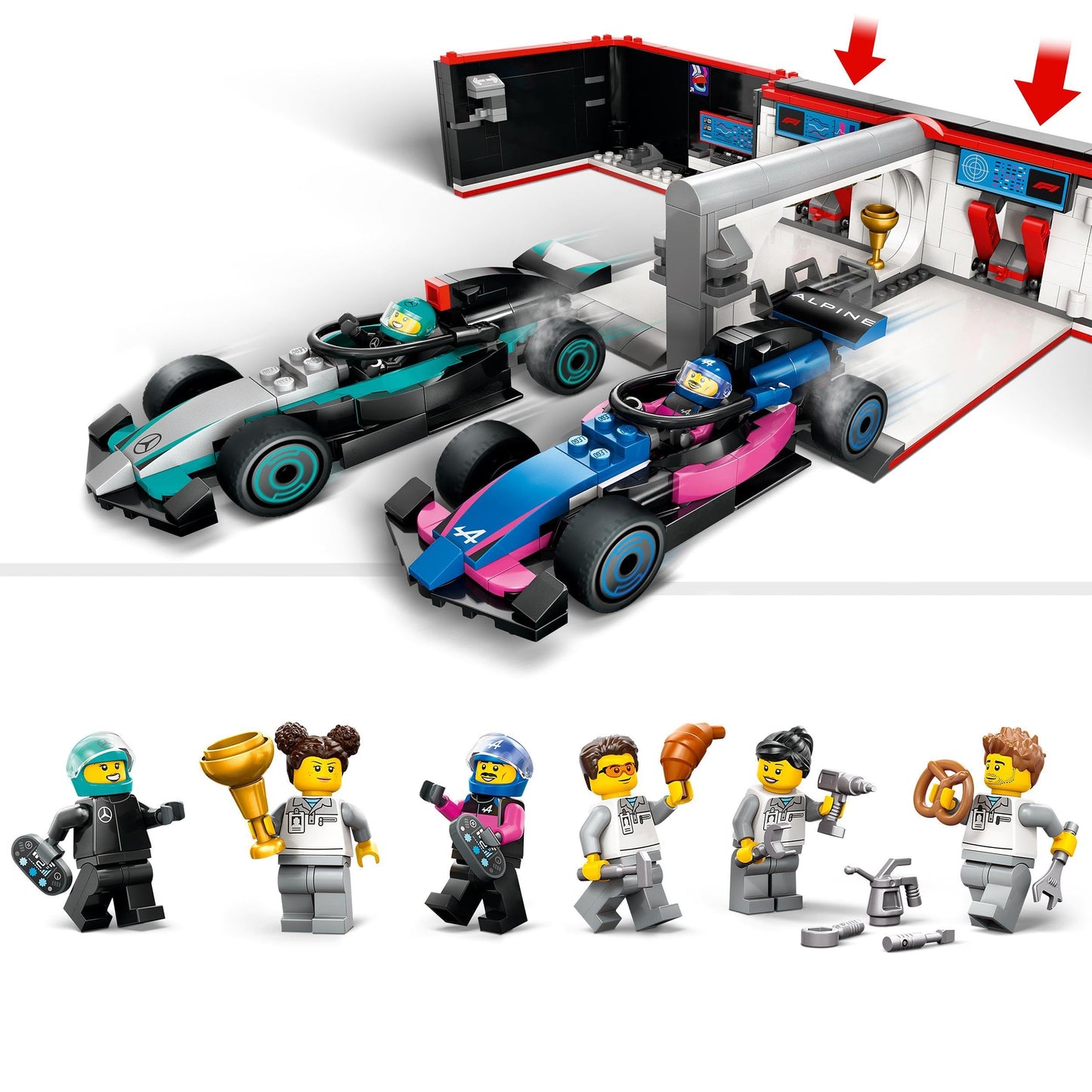 LEGO 60444 City F1 Garage & Mercedes - AMG & Alpine Cars - Toy Formula 1 Racing Vehicles Set with 2 Drivers & 4 Mechanic Minifigures