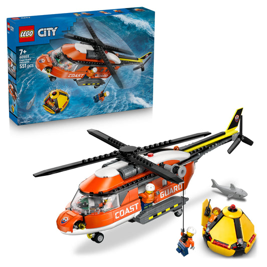 LEGO 60503 City Coast Guard Helicopter Toy - Emergency Vehicle Model Kit with Sliding Doors, Winch, 4 Minifigures & Shark Figure