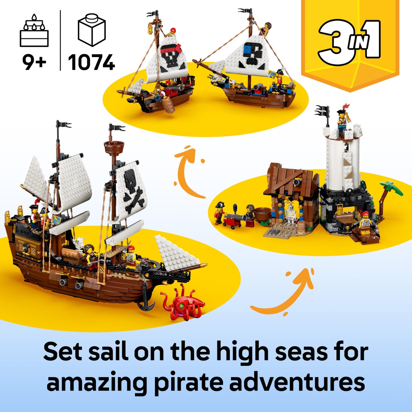 LEGO 31387 Creator 3 in 1 Iconic Pirate Ship Toy - Transforms into a Castle or 2 Twin Boats