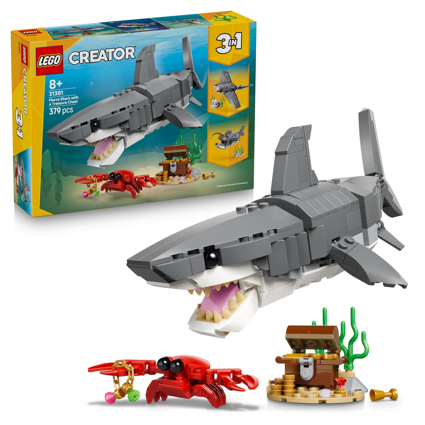LEGO 31381 Creator 3in1 Fierce Shark with a Treasure Chest - Sea Animal Figure Transforms into an Anglerfish or Manta Ray