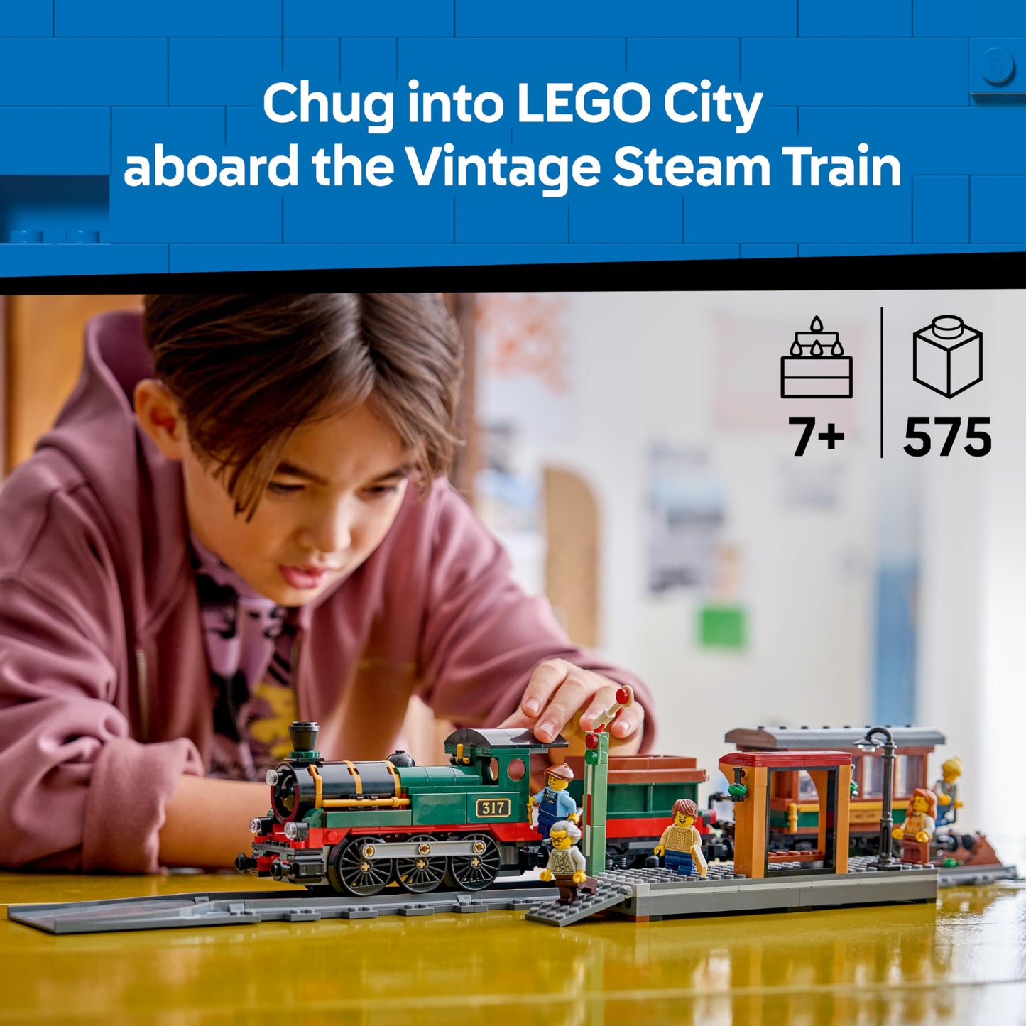 LEGO 60511 City Vintage Steam Train Toy - STEM Model Kit - Set w/Station, Track, Cab Controls, Stop Signal & 5 Minifigures